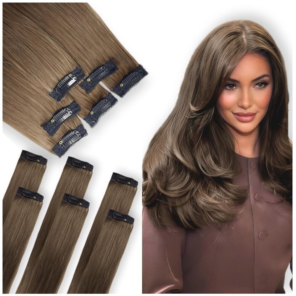 Human Hair Clip In Extensions 10 Inch 6 Pcs Short Balayage Highlights